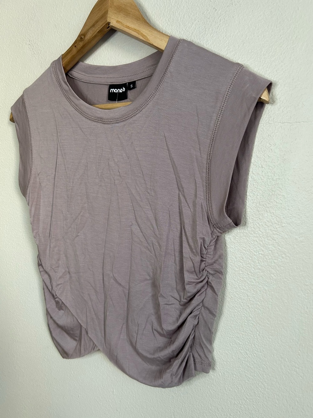 Mono B Dusty Mauve Cap Sleeve Muscle Tee Side Cinch Twist Hem Size S Small - Picture 7 of 8
